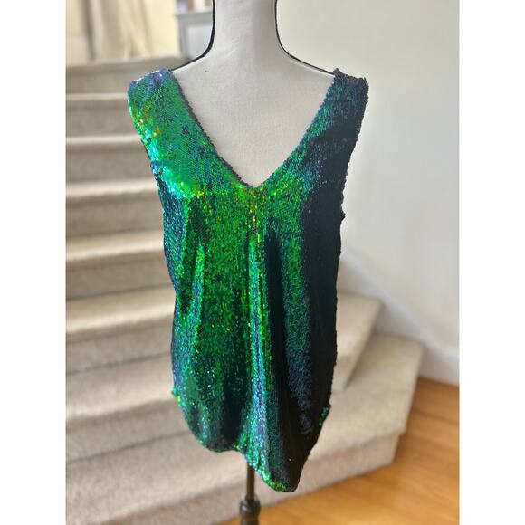 Free People Green Blue Black Iridescent Sequin Sleeveless Mini Dress - Picture 2 of 7